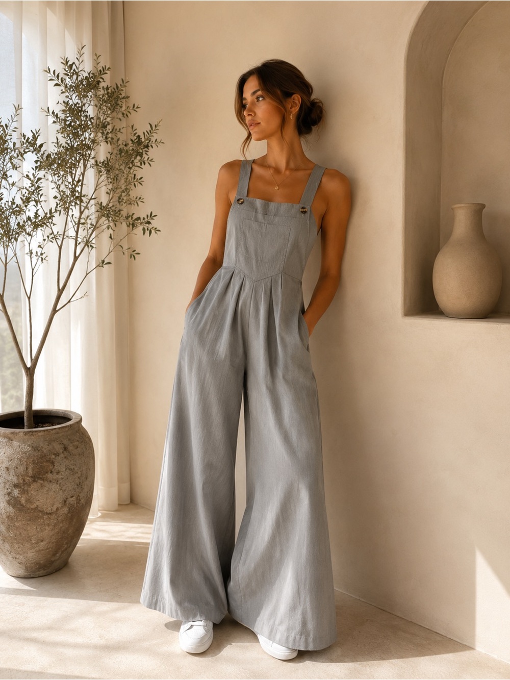 Elegant Women's Grey Wide-Leg Jumpsuit | Size Small | Minimalist Chic | Wide Leg